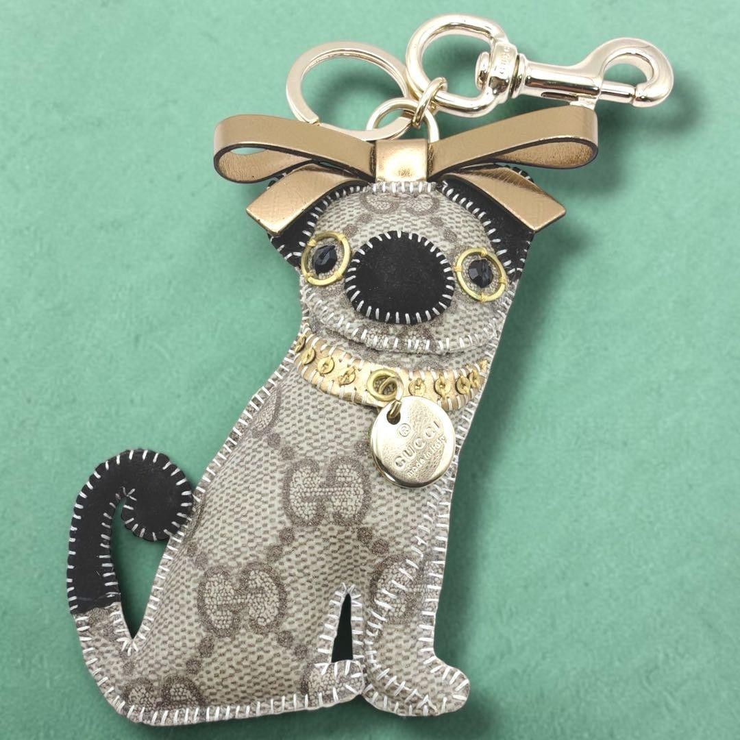 GUCCI Bag Charm Key Ring Guccioli Pug Dog Oliver GG Leather Brown
