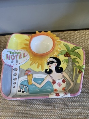 Rare Living Quarters Ceramic Chip/Dip Platter Dish Retro 60s Girl Pool Hotel Sun