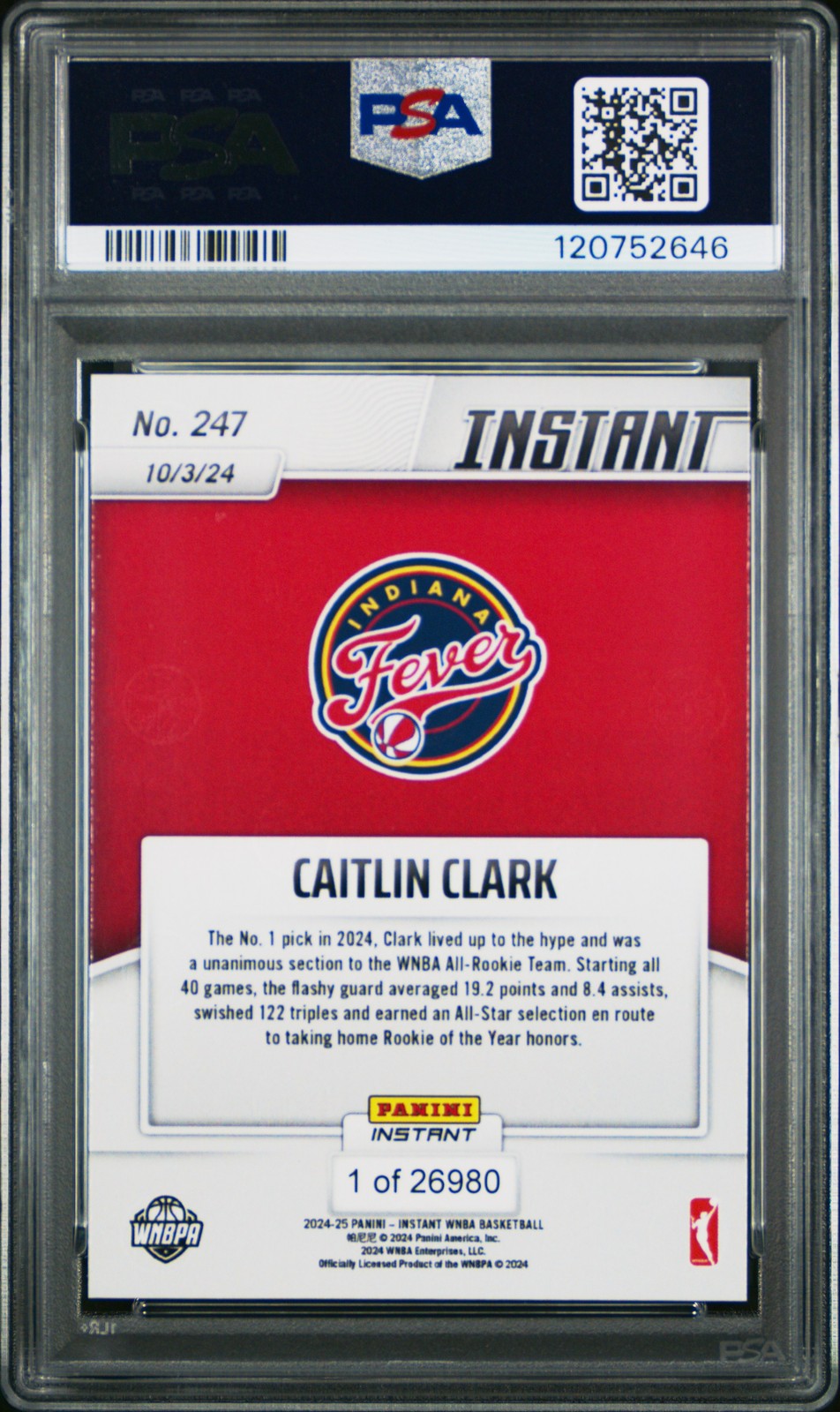 2024 PANINI INSTANT WNBA #247 CAITLIN CLARK ROOKIE RC PSA 10 view 2