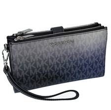 Michael Kors Jet Set Travel Double Zip Wristlet Wallet MK Signature Logo Black