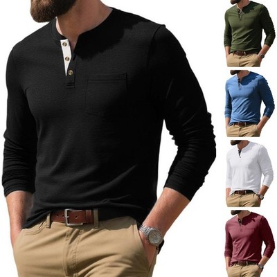Men Casual Button Down Long Sleeve Shirt Soft Polyester Blend Round Neckwear