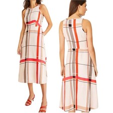 Ann Taylor Linen Blend Midi Fit & Flare DressPlaid Pockets Pink Gray 6