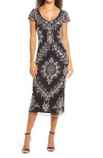 Pisarro Nights Womens Beaded Mesh Black Silver Short Sleeve Midi Dress Sz 8 New