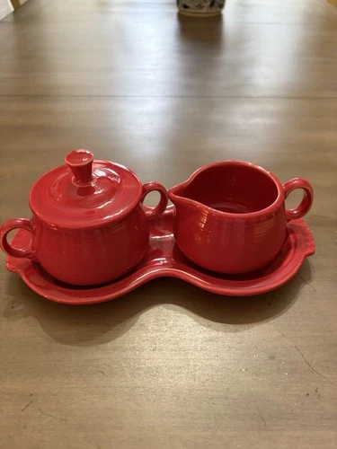 Fiestaware Scarlet Red Covered Sugar Bowl with Lid & Creamer with Tray