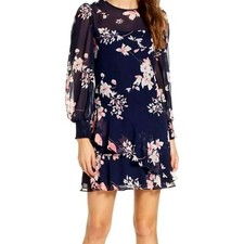 Eliza J long-sleeve floral shift dress asymmetrical layered ruffle hem Size 4