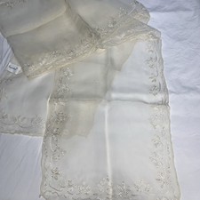 Neck Scarf Ivory Sheer Embroidered Border Design Rayon 55x10" Vtg Berkshire