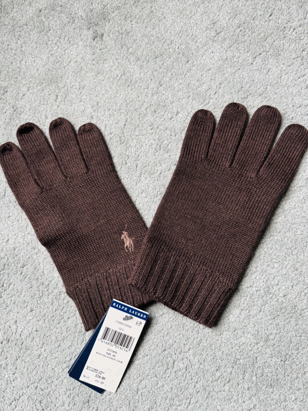 Ralph Lauren Brown Washable Merino Wool Knitted Gloves One Size *BNWT* NEW