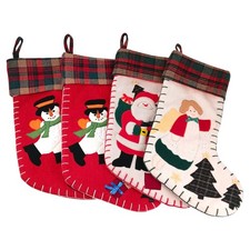 VINTAGE Wool Christmas Stockings Tartan Plaid Santa, Angel, 2 Snowmen - Lot of 4