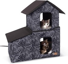 Two-Story Outdoor Kitty House with Dining Room Heated Cat House Gray Leaf