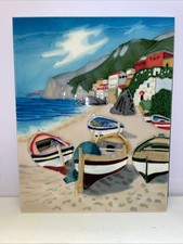 Fishing Boats On Beach, Hand Painted Ceramic Tile.