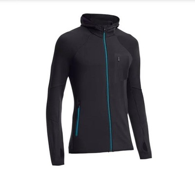 Icebreaker Merino Black Atom LS Full Zip Hooded Sweater - Medium *flaws / holes*