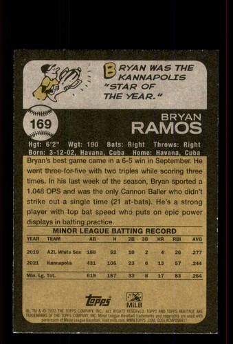 Signed Baseball Card Auto Bryan Ramos 2022 Topps Heritage Minor League #169 - Picture 2 of 2