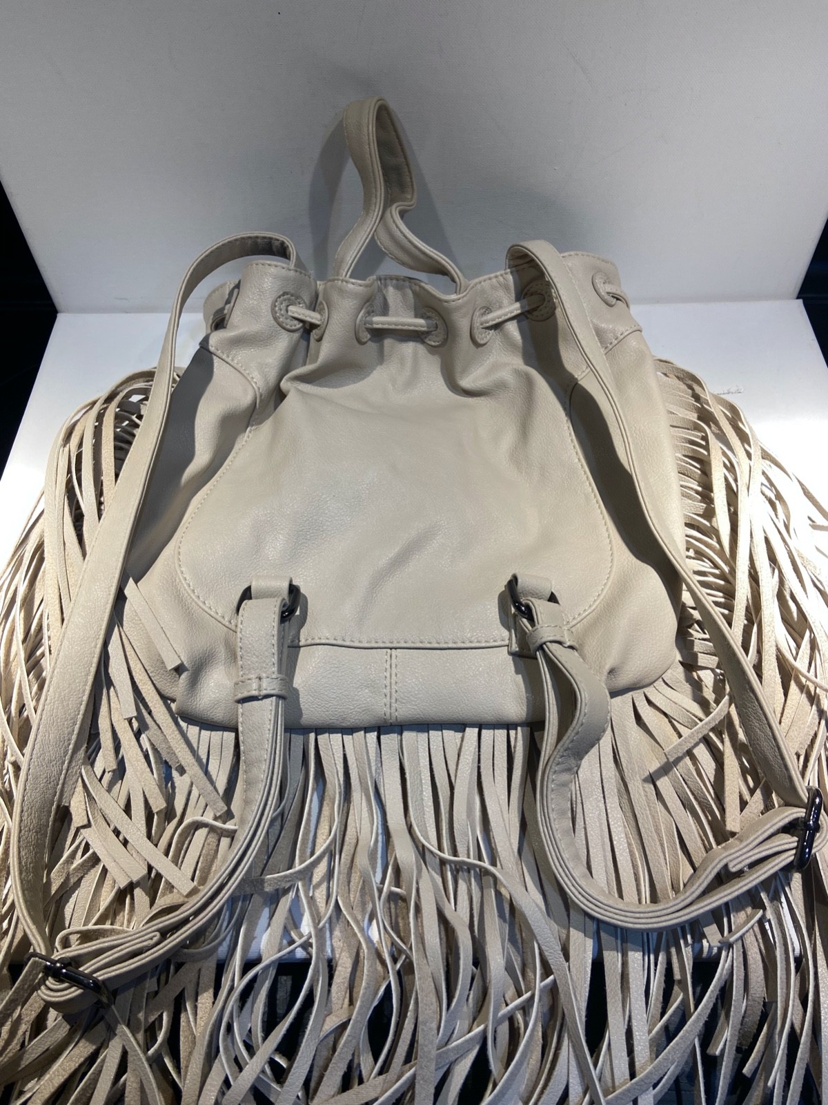Forever 21 Backpack Purse Drawstring Snap Closure Tassels Fringe Off White Bag — image 3