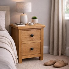 Oak 2 Drawer Bedside – Oakcroft Rustic Cabinet Round Black Metal Knob Handles