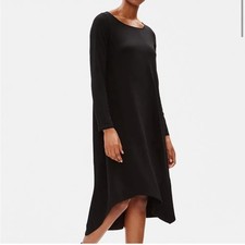 Eileen Fisher Small Black Long Sleeve Jersey Dress Asymmetrical Hem Minimalist