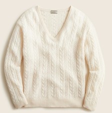   J. CREW   100 CASHMERE RELAXED V NECK CABLE KNIT SWEATER IVORY SZ S