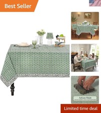 Hand Block Print Basil Green Rectangle Cotton Tablecloth 118" x 70" Reusable ...