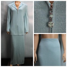 St. John Collection Aqua Blue Jacket Skirt L Size 10 8 2pc Suit Buttons Collared