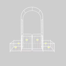 86.6 In. Cream White Metal Garden Arch Trellis with Gate Climbing Plants Support