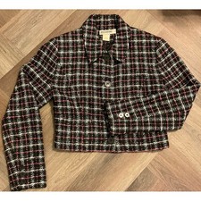 VTG 90s Ann Taylor Petite Crop Jacket Womens 4 Black Pink White Tweed Clueless