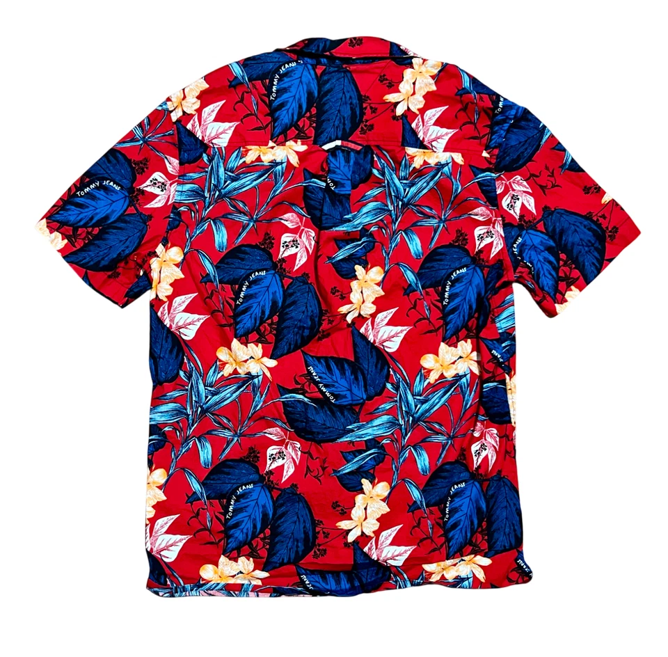 男式中号 Tommy 牛仔花卉复古短袖纽扣衬衫 — 第 3/4 张图片