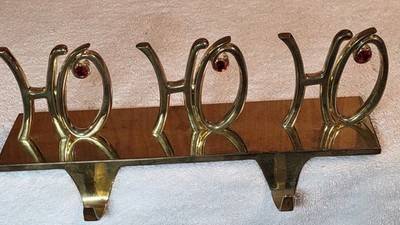 Brass Christmas Stocking Holder 2 Hooks ''Ho Ho Ho'' Felt Bottom Red Jewels Retro