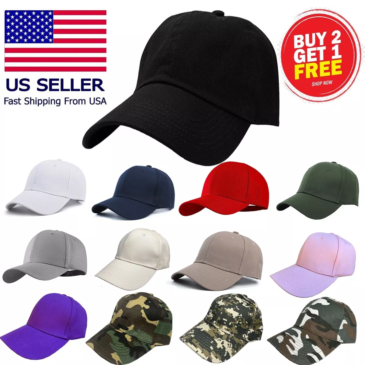 Baseball Cap for Men & Women Plain Solid Cotton Hat Flexible Fit Plain Ball  Caps