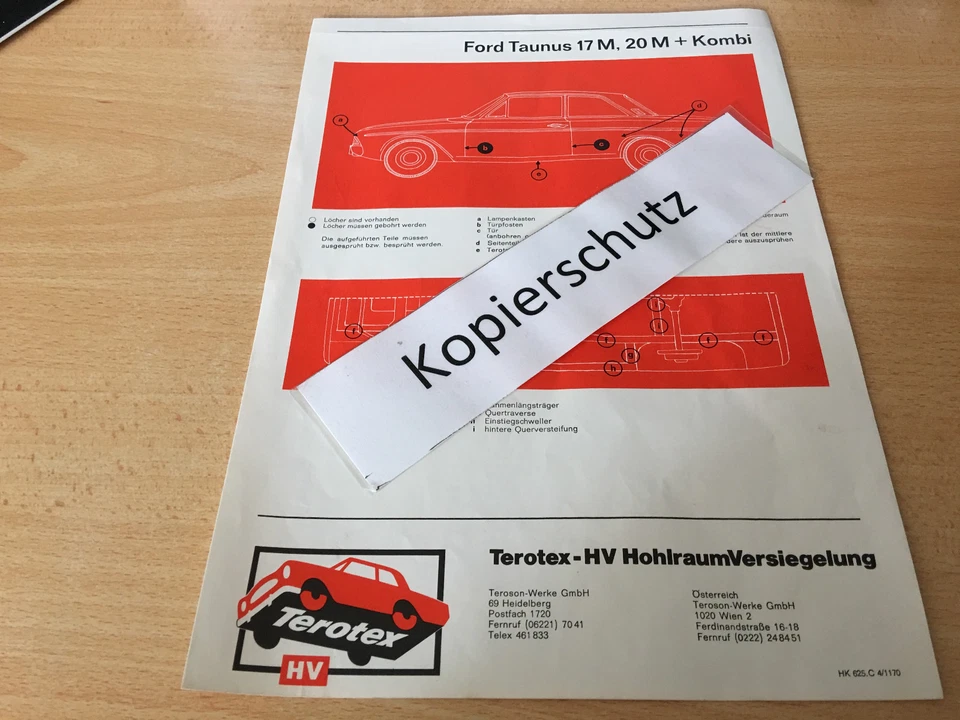 Oldtimer Ford Taunus 17 M und 20 M P 5, Terotex Hohlraum Versiegelungsplan - Bild 1 von 1