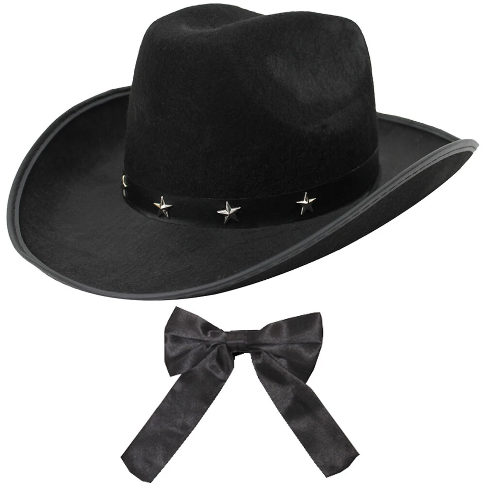ILOVEFANCYDRESS BLACK STUDDED COWBOY HAT AND WESTERN BOW TIE SHERIFF WILD WEST FANCY DRESS