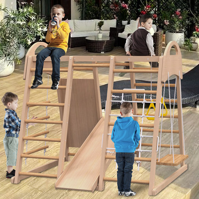 Indoor Playground 7-in-1 Climbing Wall, Rope Wall Climber, Monkey Bars, Swing