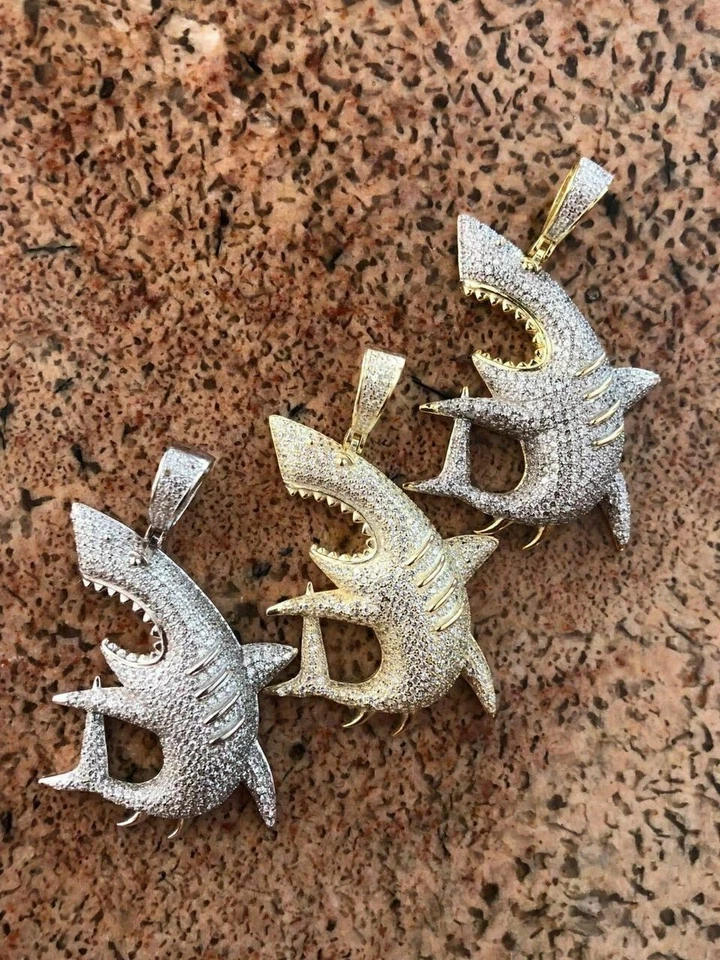 Colgante de tiburón enchapado en plata 925 maciza y oro de 14k circonita cúbica grande hip hop real ICED Migos Foto 4 de 4