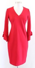 Calvin Klein Solid Red V Neck Ruffle Bell Sleeve Sheath Dress Size 2 Lace Trim