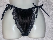 Vintage Glossy Satin String Side Tie Shiny Lace Trim Woman s 7/L Large Hi Cut
