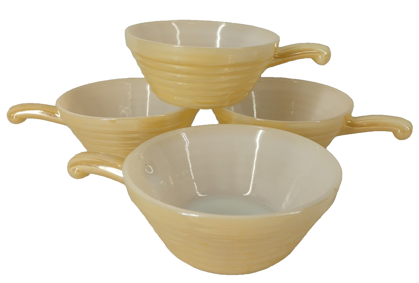 4 Fire King Peach Luster Bee Hive Ovenware Soup Bowls w/ Handles Iridescent 