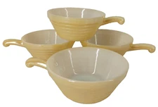 4 Fire King Peach Luster Bee Hive Ovenware Soup Bowls w/ Handles Iridescent 