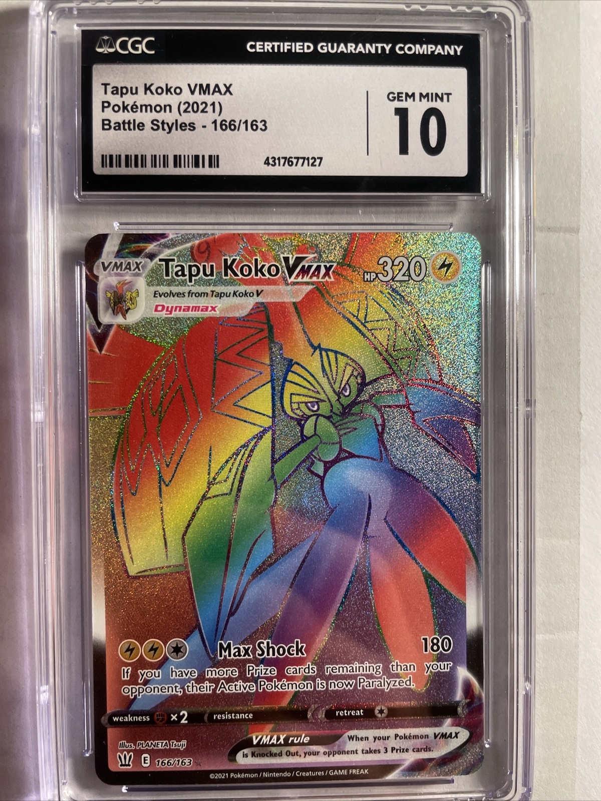 CGC 10 GEM MINT Pokemon Battle Styles TAPU KOKO VMAX #166 Full Art Secret Rare