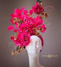 Kentucky Derby Hat Fascinator Fuchia Rose Hot Pink Green Gold Royal Ascot Hat
