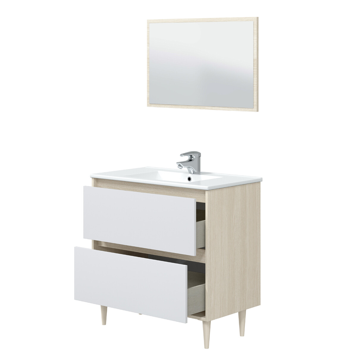 Mobile bagno con lavabo ceramica 80 cm specchio colonna ROVERE+BIANCO 305086R