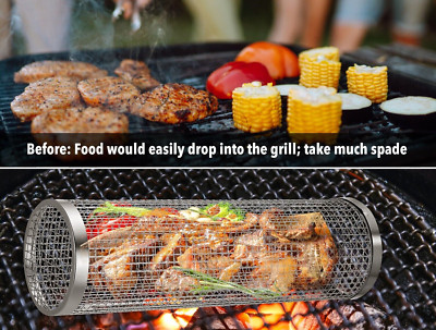 Rolling Grilling Basket, Vegetable Grill Basket, Stainless Steel Grill Mesh Barb