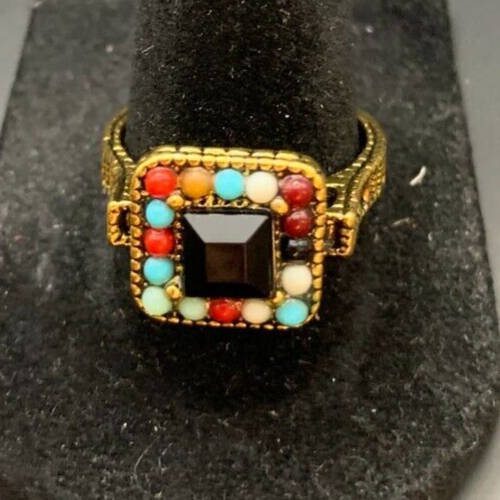 Vintage Antique Gold Tone Black CZ Rhinestone Cocktail Ring - Size 9