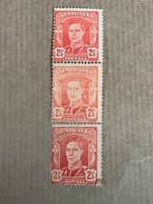 George VI 21/2 D Stamps 3 unused Joined Australia Red on White