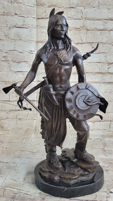 Signed Debut American Indian Warrior Bronze Sculpture Art Deco Marble Base Deal