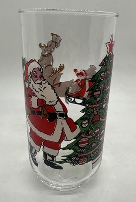 Santa Claus Christmas Tree Reindeer Drinking Glass Vintage Luminarc 16 oz