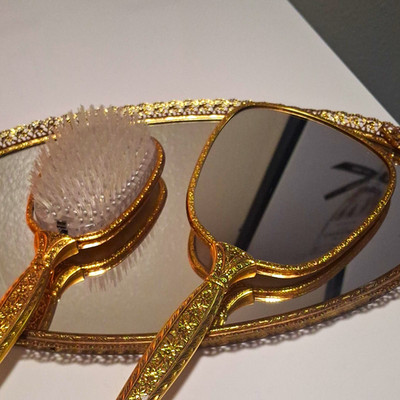 Vintage Gold Tone Ornate Handheld Mirror & Hair Brush Vanity Set Metal Glass