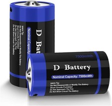 Rechargeable Lithium D Cell Batteries 7500mWh W/ USB-C Charging Cable 1.5v LR20