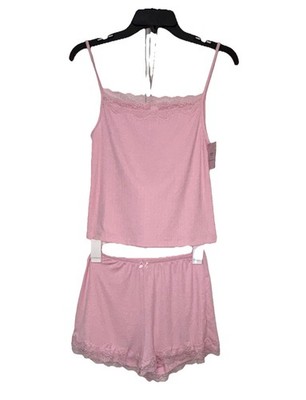 Auden Pink Lace Trim Neck Adjustable Strap Knit Cami & Shorts Set XS