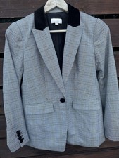 Ann Taylor LOFT Black/White Plaid Lined Single-Breasted Blazer Velour Trim 2 P