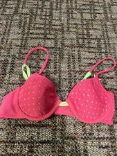 Pink Polka Dot Bra Padded Adjustable Straps Underwired Hook Eye Green Accents