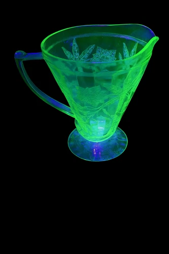 Jeanette Uranium Depression Glass Floral Poinsettia Pitcher Green UV Glow