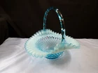 Large Fenton Blue Opalescent Glass Hobnail Basket 9" Tall INV2
